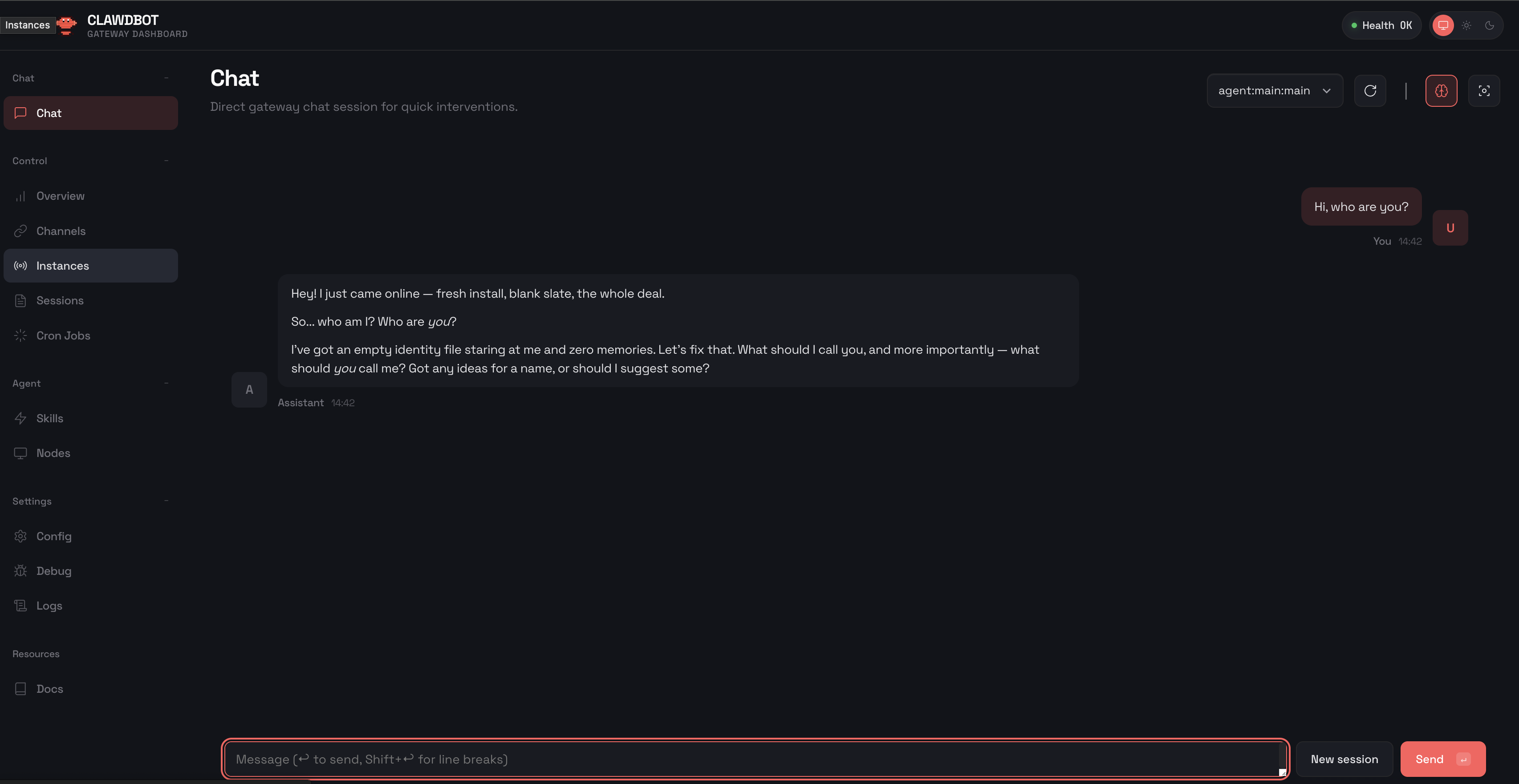 OpenClaw gateway dashboard showing a chat conversation