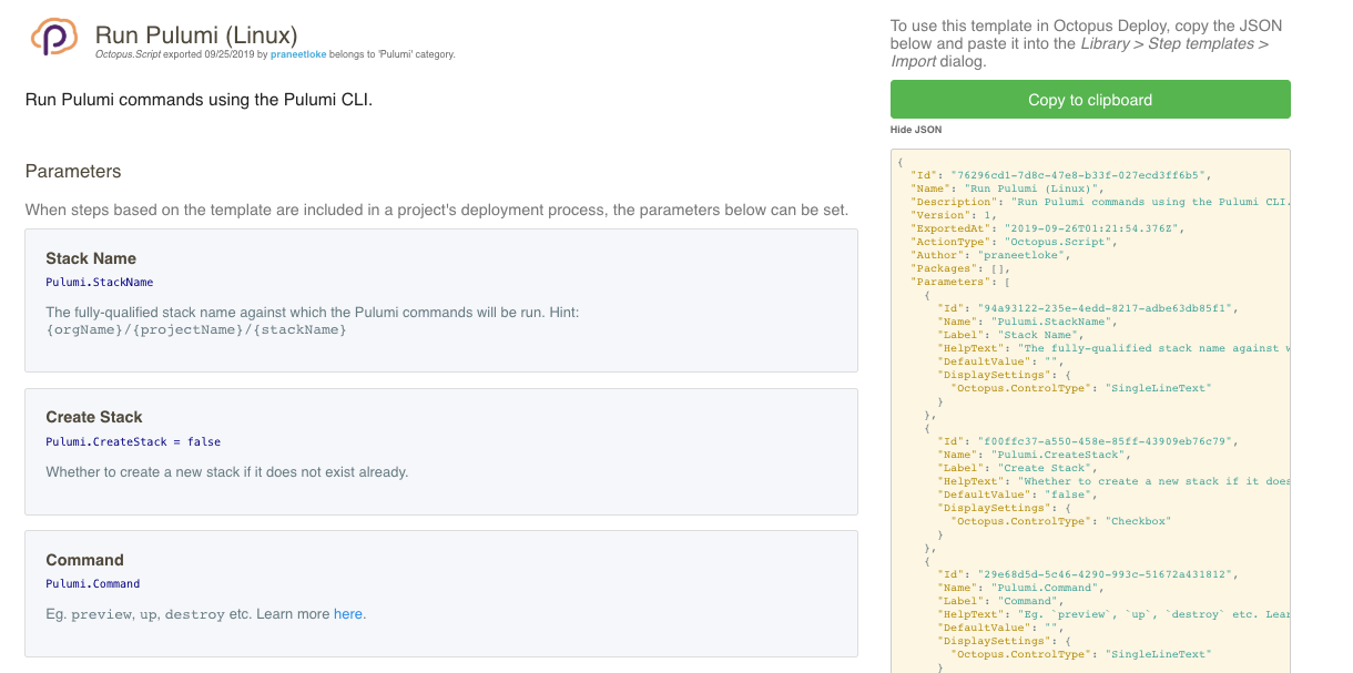 Octopus Deploy step template for running Pulumi CLI commands on Linux, showing configuration parameters like Stack Name, Create Stack, and Command.