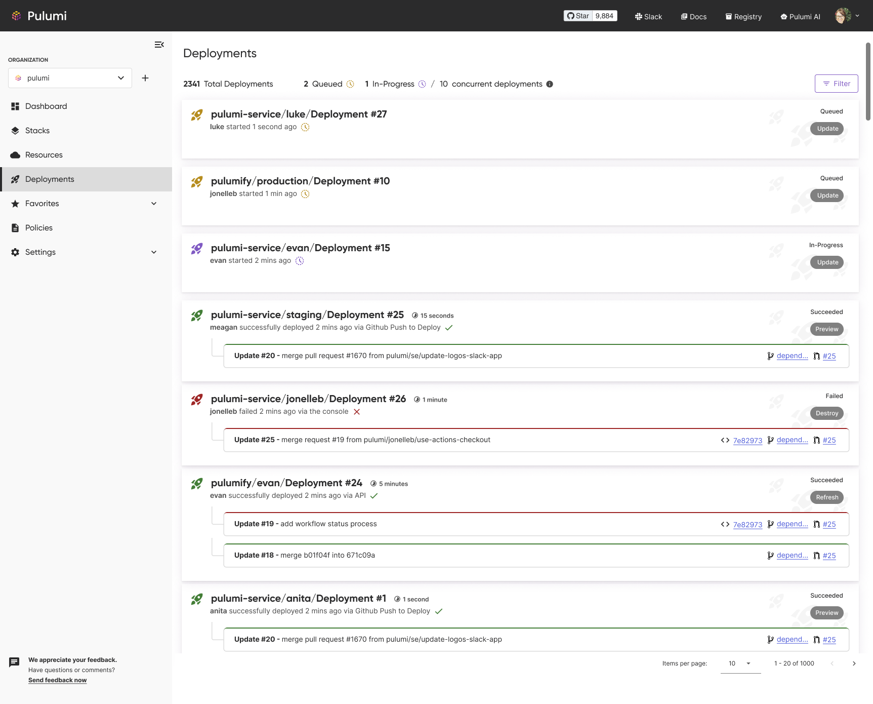 Deployments Page in Pulumi Cloud Console