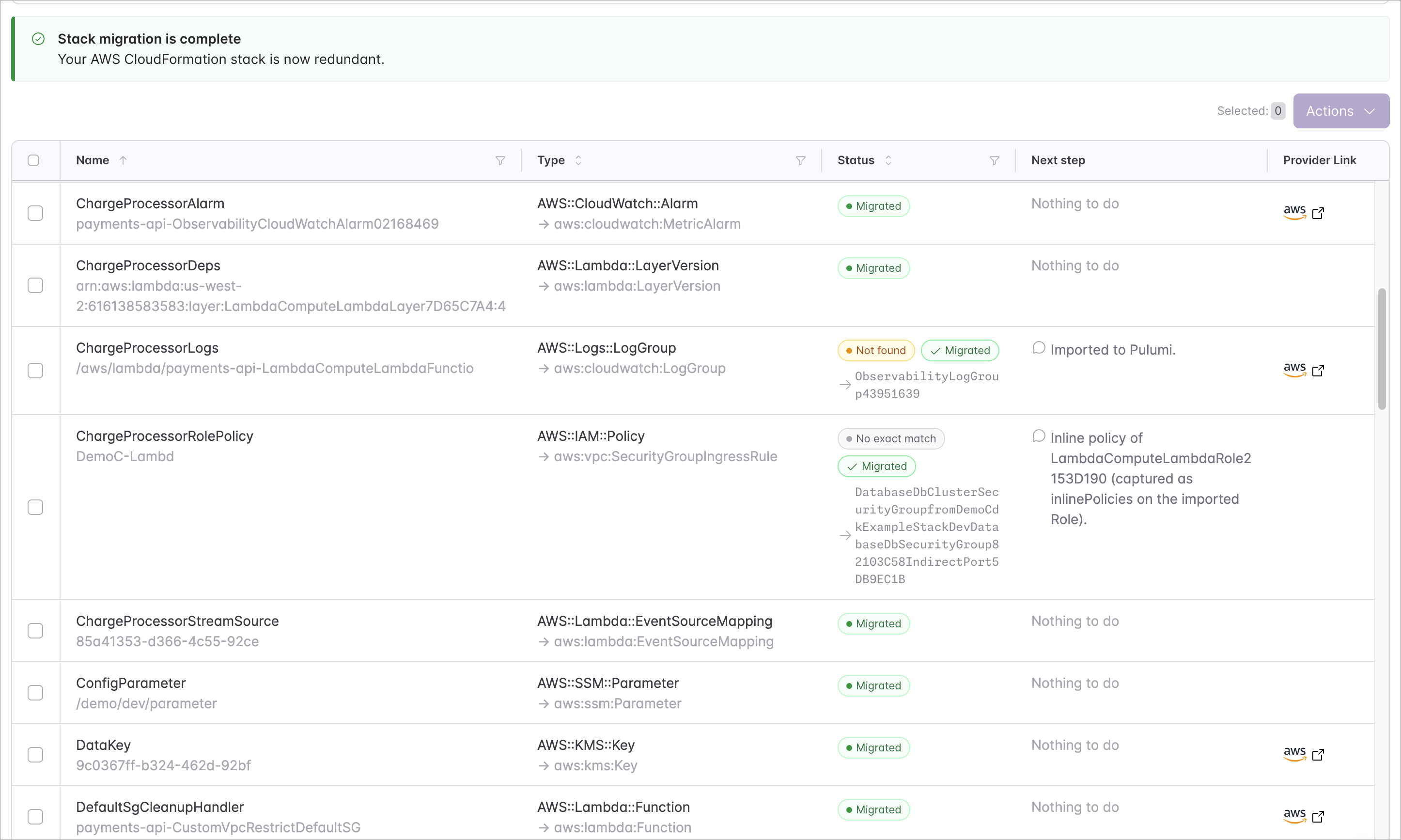 The same Migration tab compared against the migrated Pulumi stack: every resource now reads Migrated, with Resolved chips on the seven rows that took a manual decision and a Next step column that explains each — imported to Pulumi, captured on the parent role, or nothing left to do.