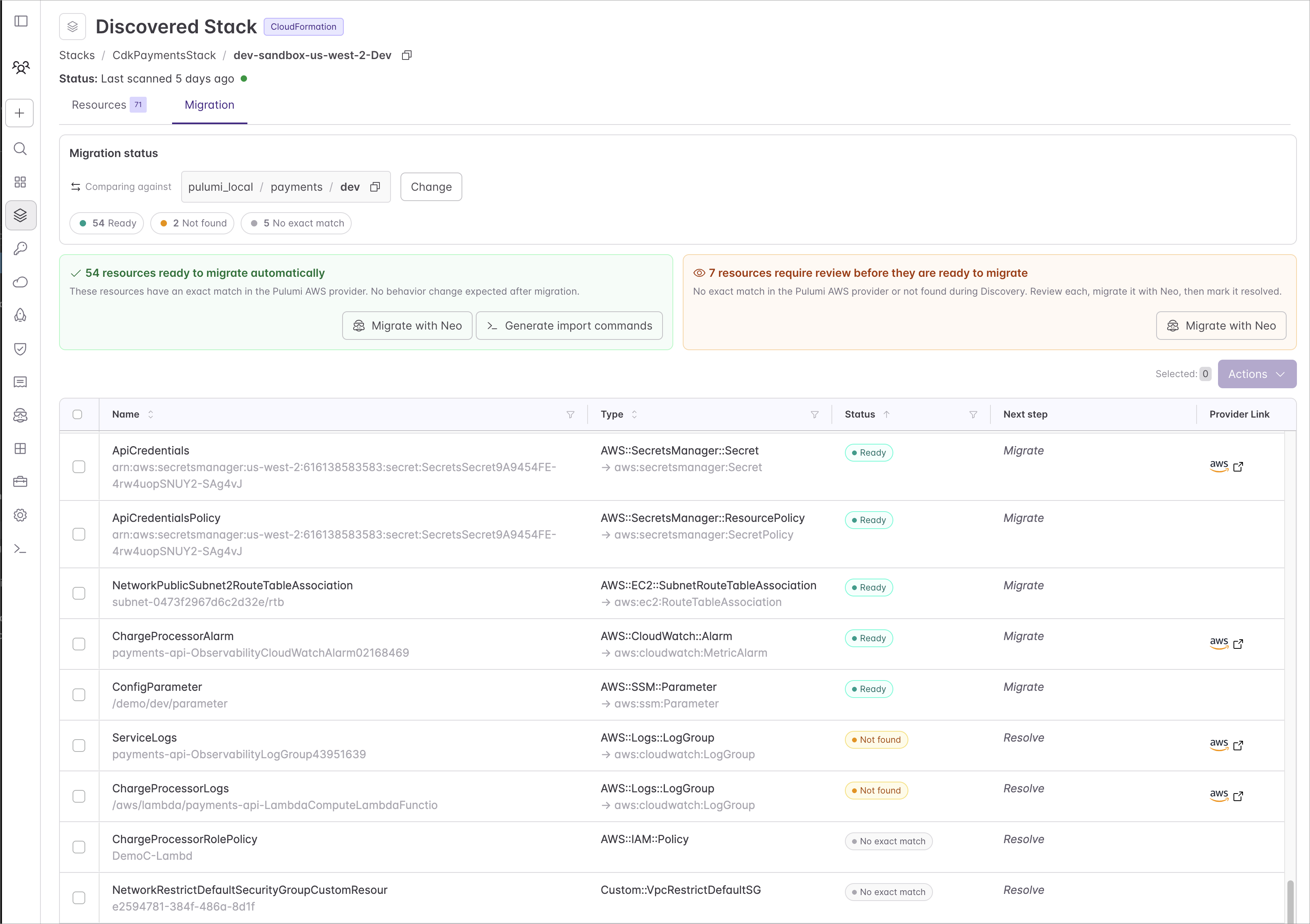 The Migration tab of the discovered payments-api stack compared against an empty target: a status summary of 54 Ready, 2 Not found, and 5 No exact match above a resource table with Name, Type, and Status columns.
