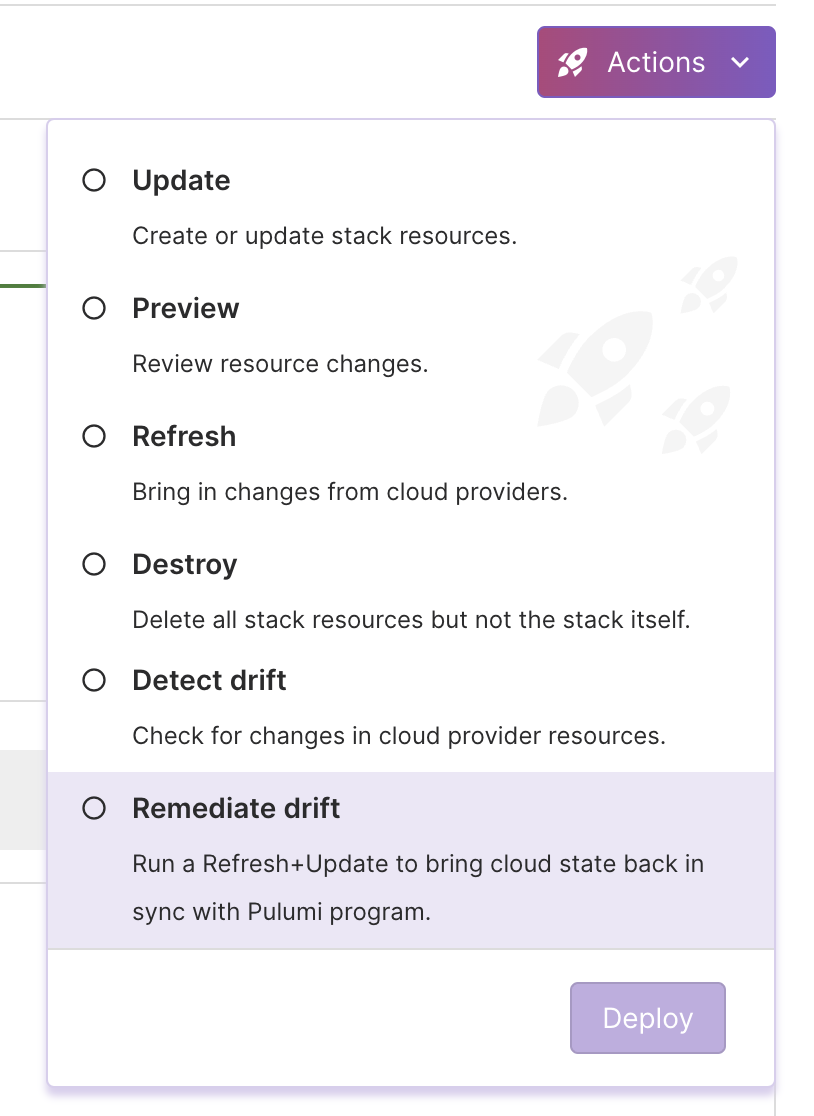 Pulumi Cloud Actions menu showing options including Update, Preview, Refresh, Destroy, Detect drift, and Remediate drift to manage stack state.