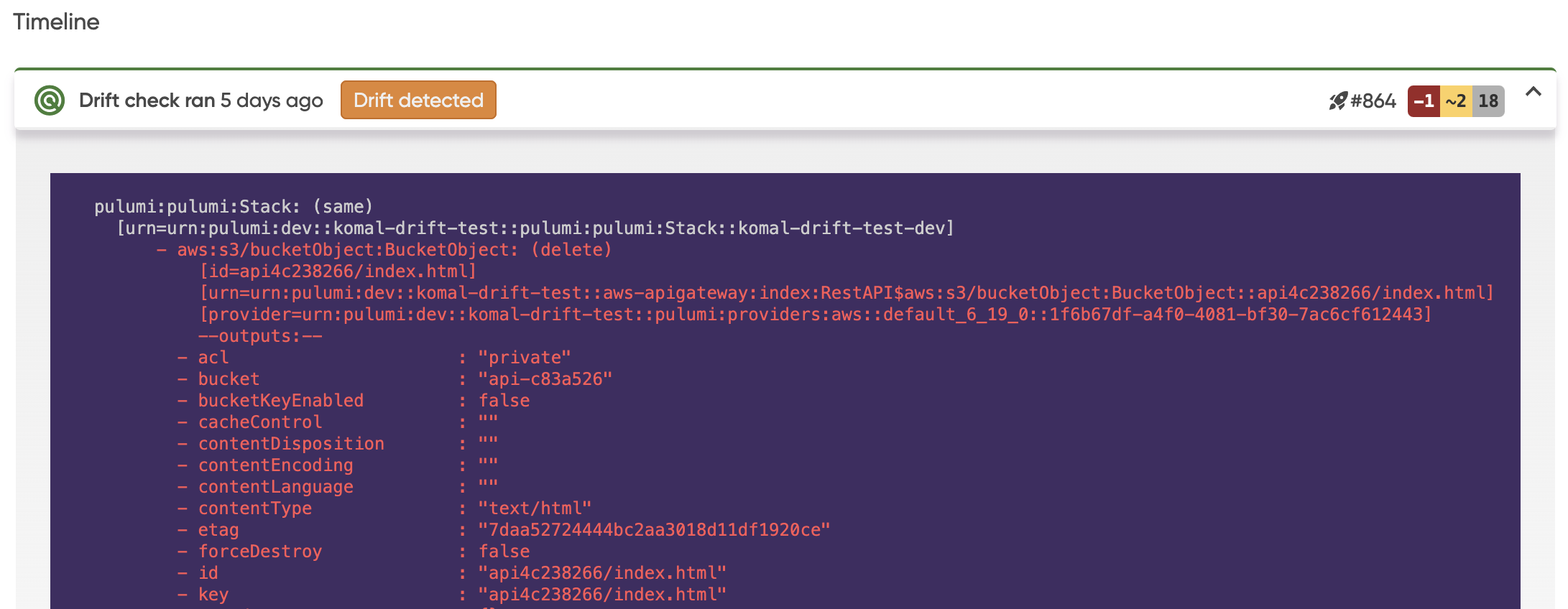 Pulumi Cloud timeline view showing a drift check that ran 5 days ago and detected a deleted AWS S3 bucket object (index.html) in the stack.