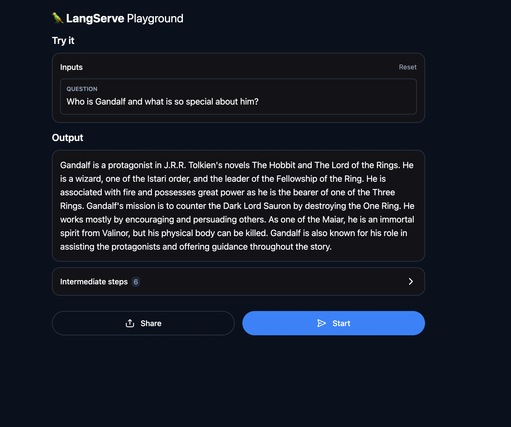 LangServe Playground with outputted result from an inputted prompt “Who is Gandalf and what is so special about him?” including intermediate steps