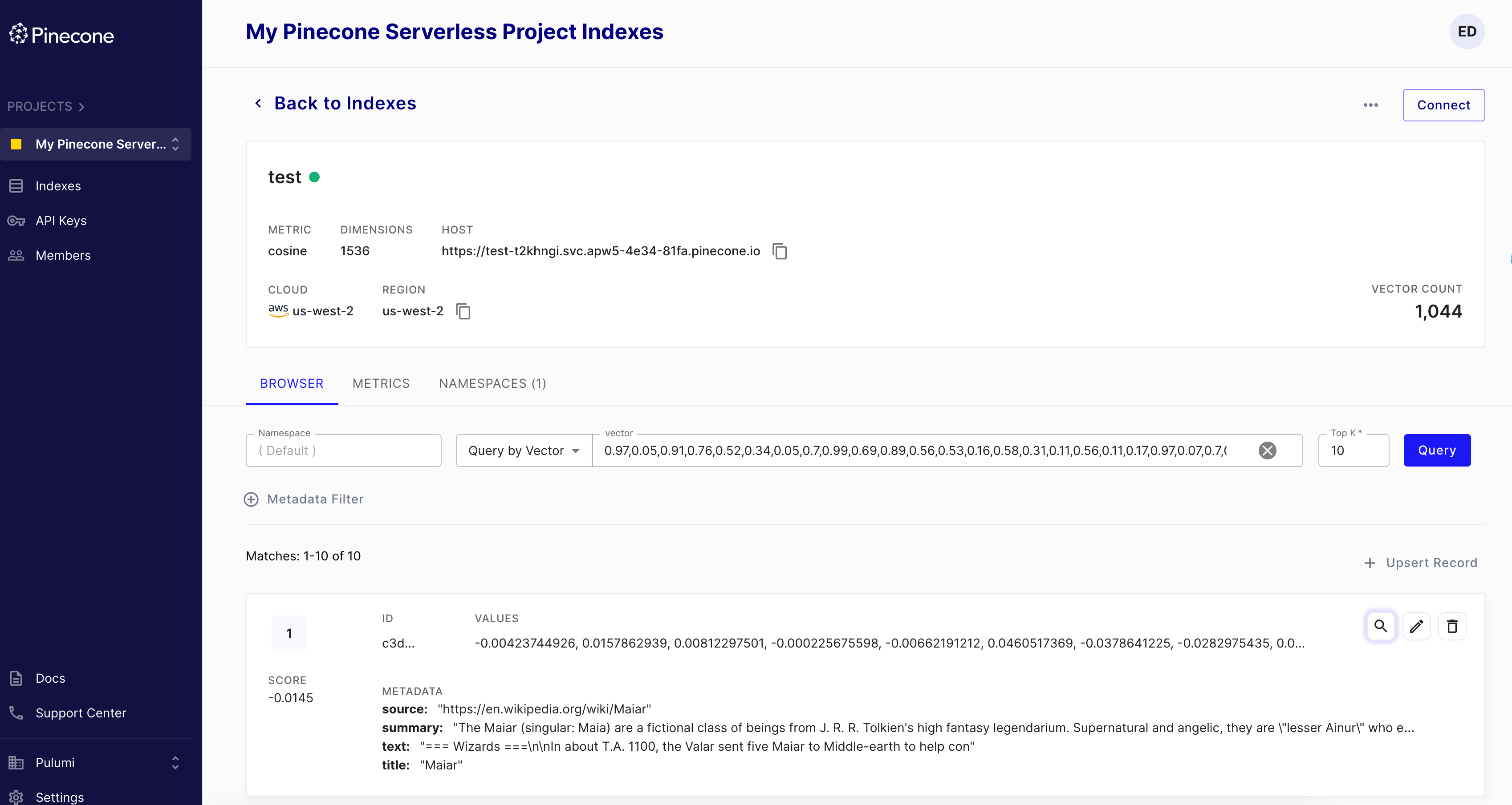 Screenshot of Pinecone Console