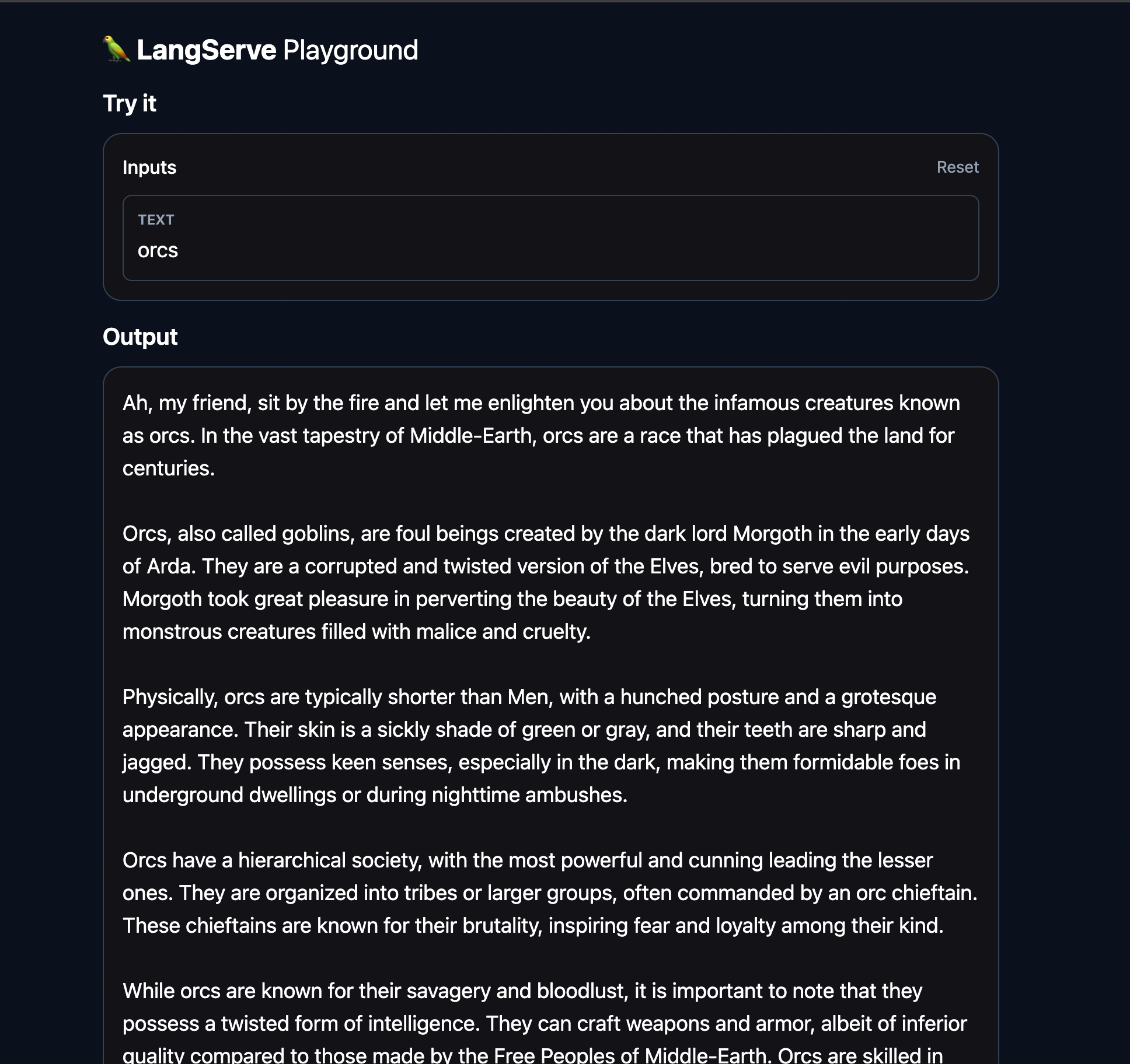 LangServe Playground with outputted result from an inputted prompt