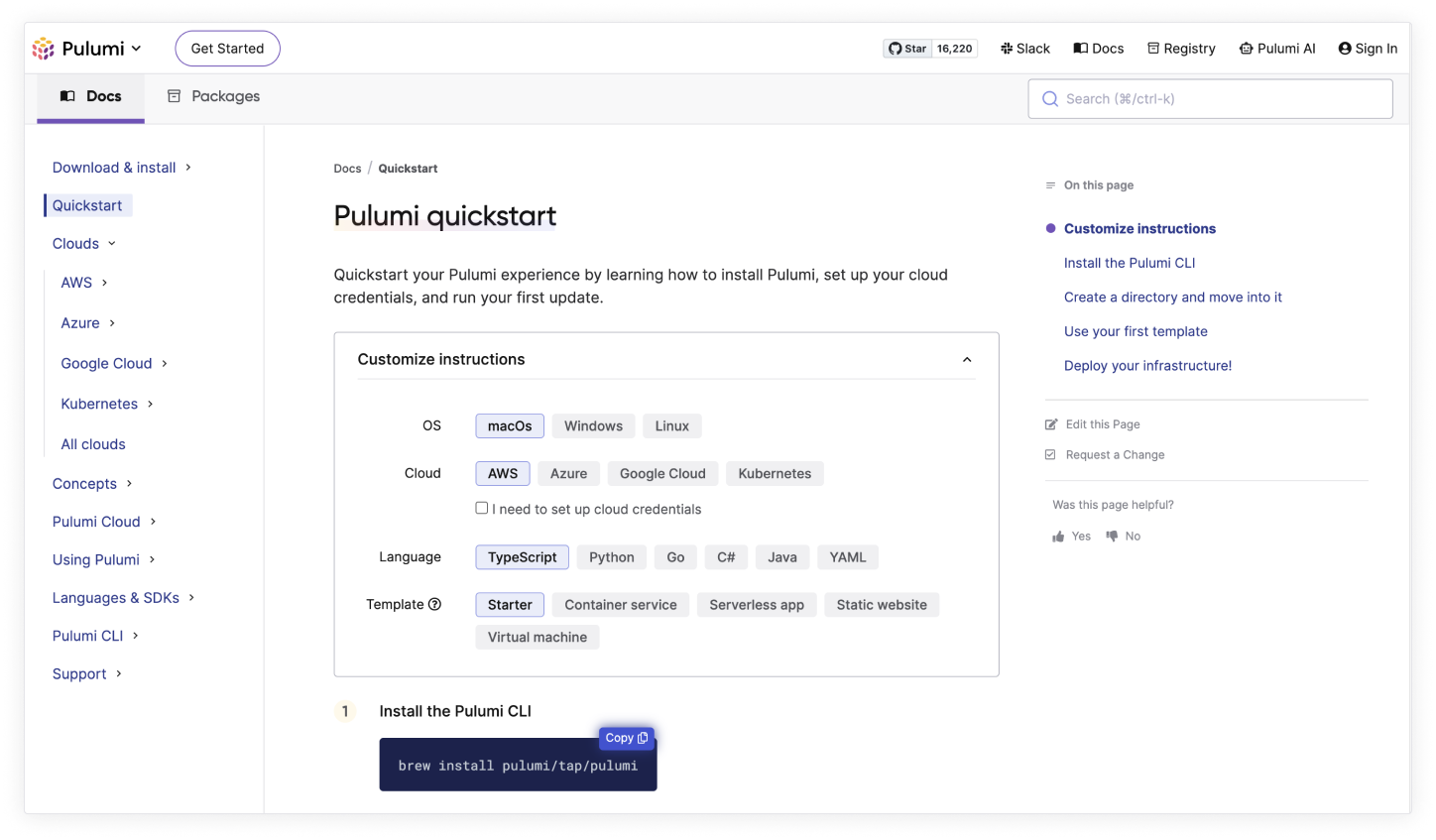 Pulumi docs quickstart experience