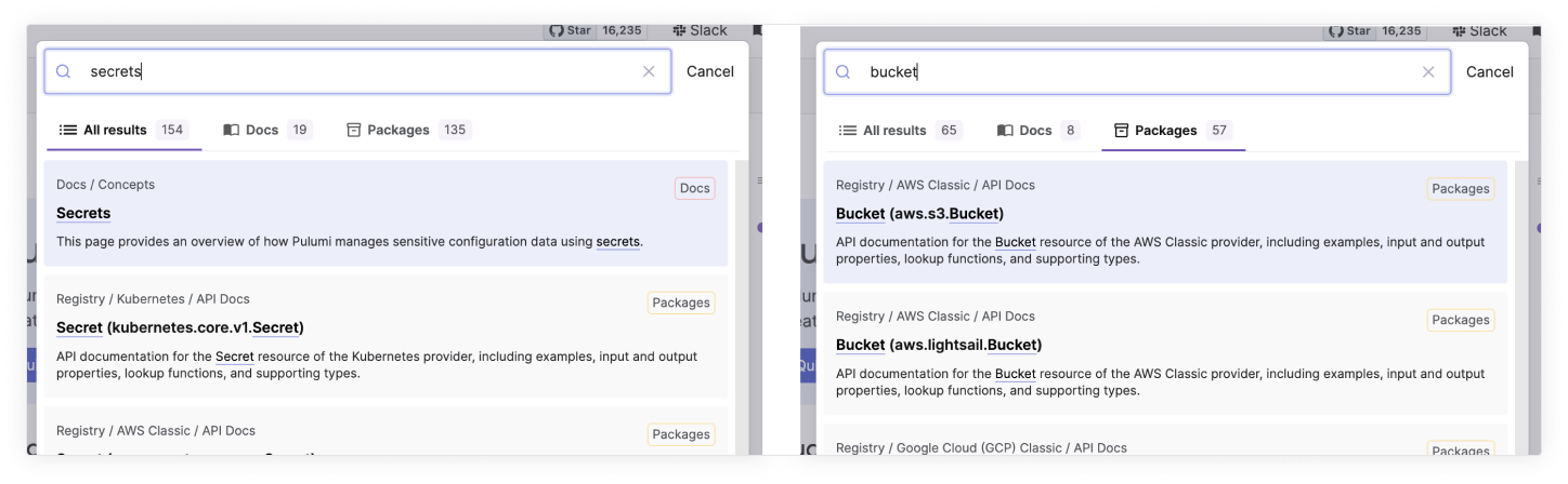 Pulumi docs search