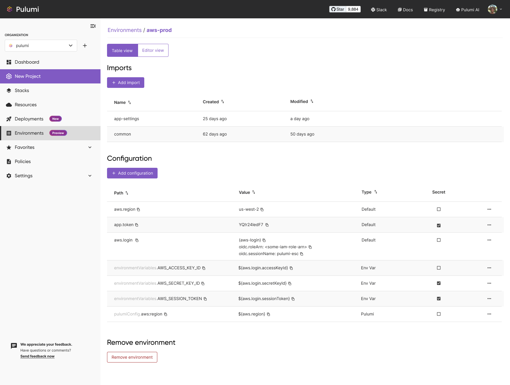 Key/Value based Environment Editor in the Pulumi Console