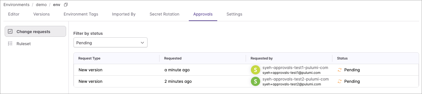 The Approvals tab listing two pending change requests from different users