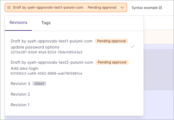 The version dropdown listing two pending drafts by different users above the environment’s revisions