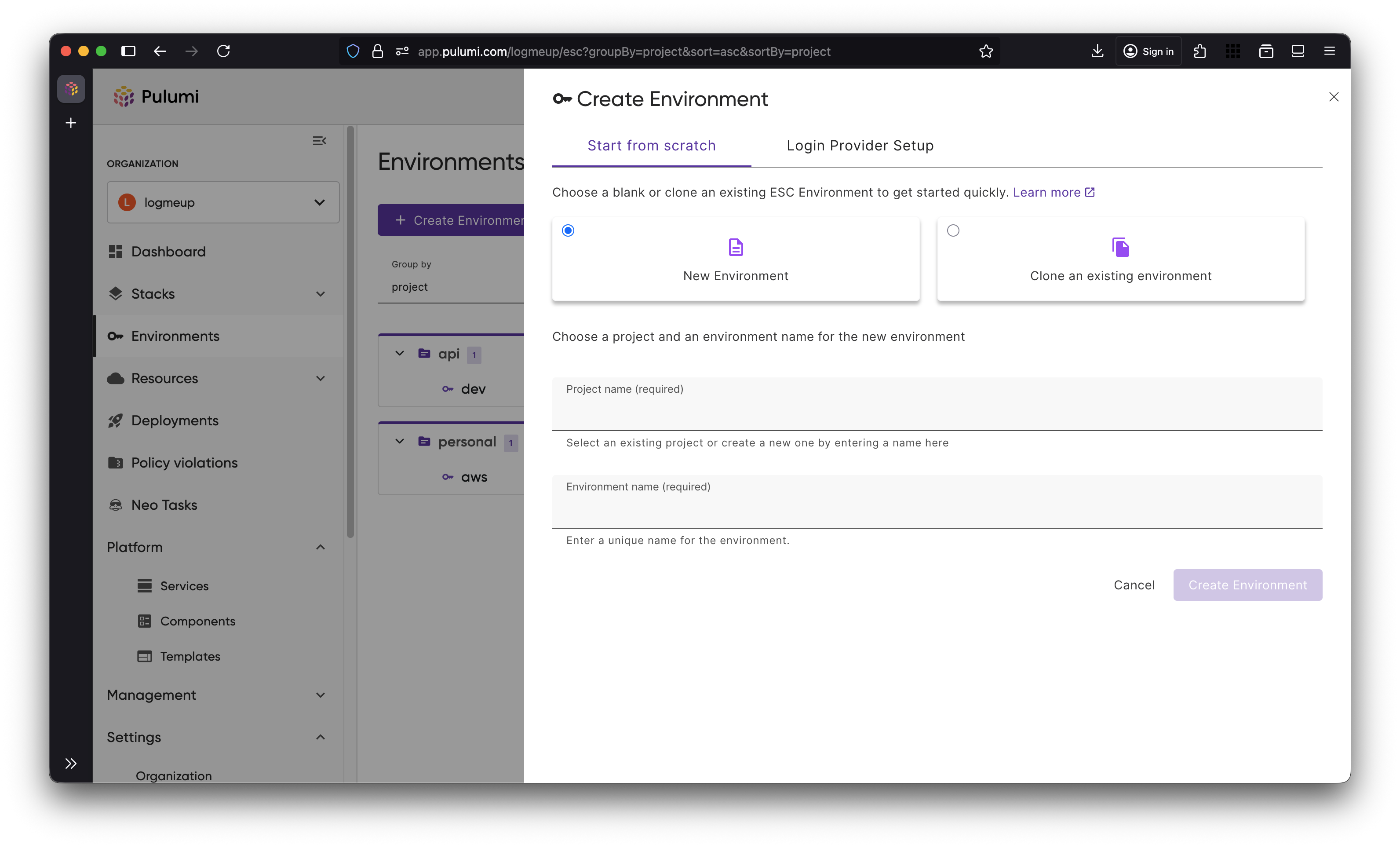 The new Pulumi ESC onboarding experience provides a stylish look