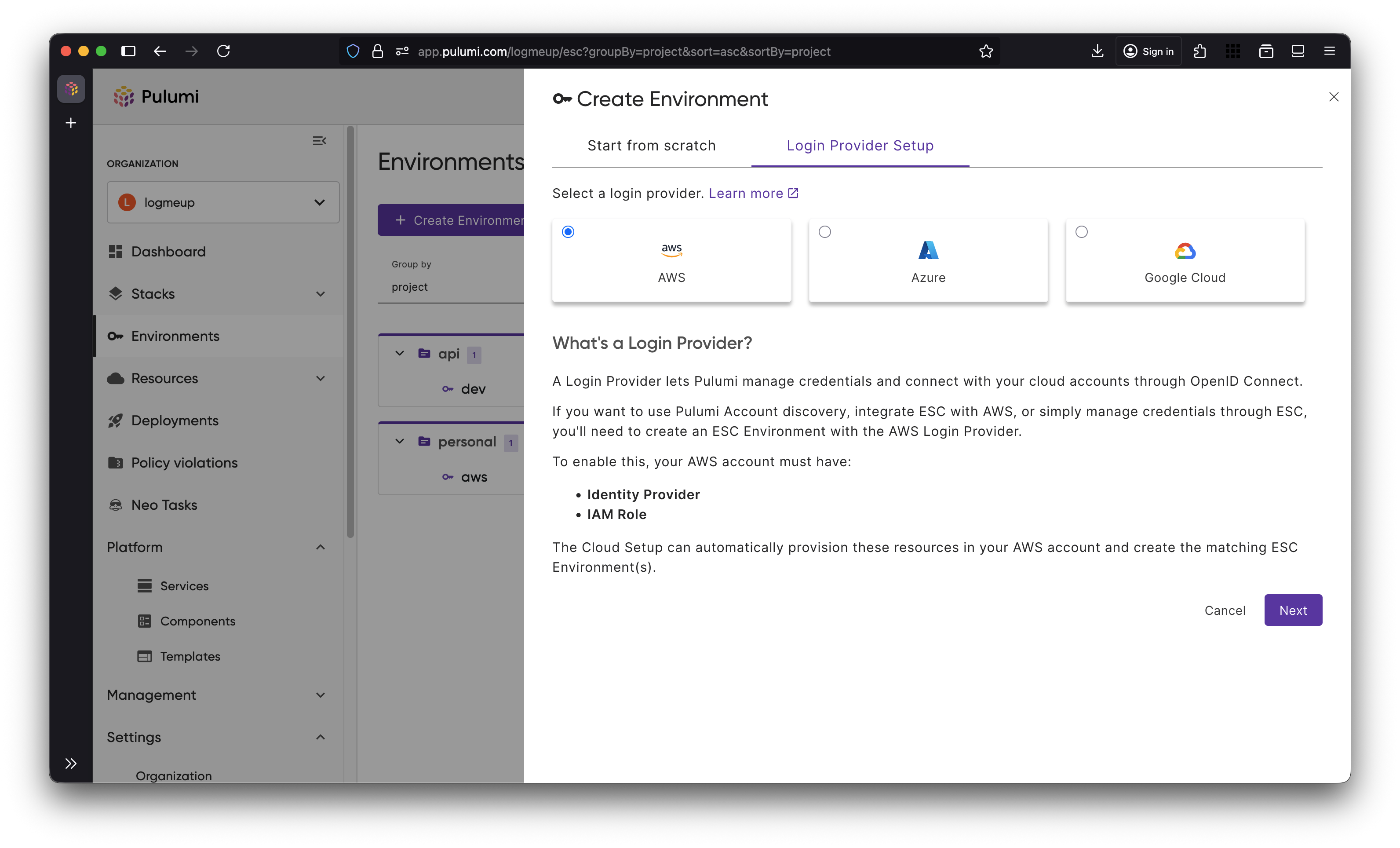 The new Onboarding experience offers a Login Provider Setup for the most popular cloud providers