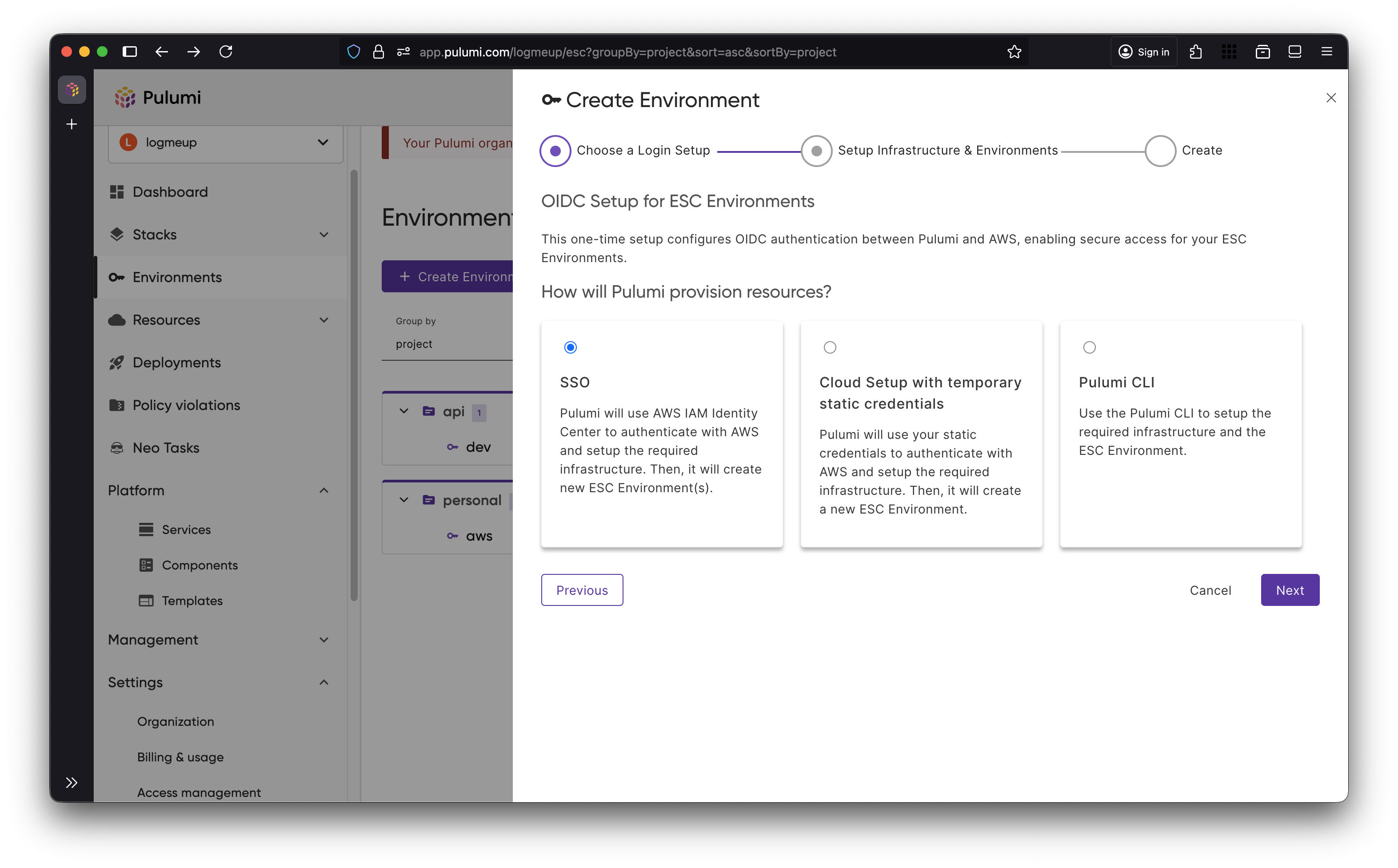 You can setup OIDC Providers via multiple options such as giving pulumi permissions through SSO or via executing a program on your local cli.