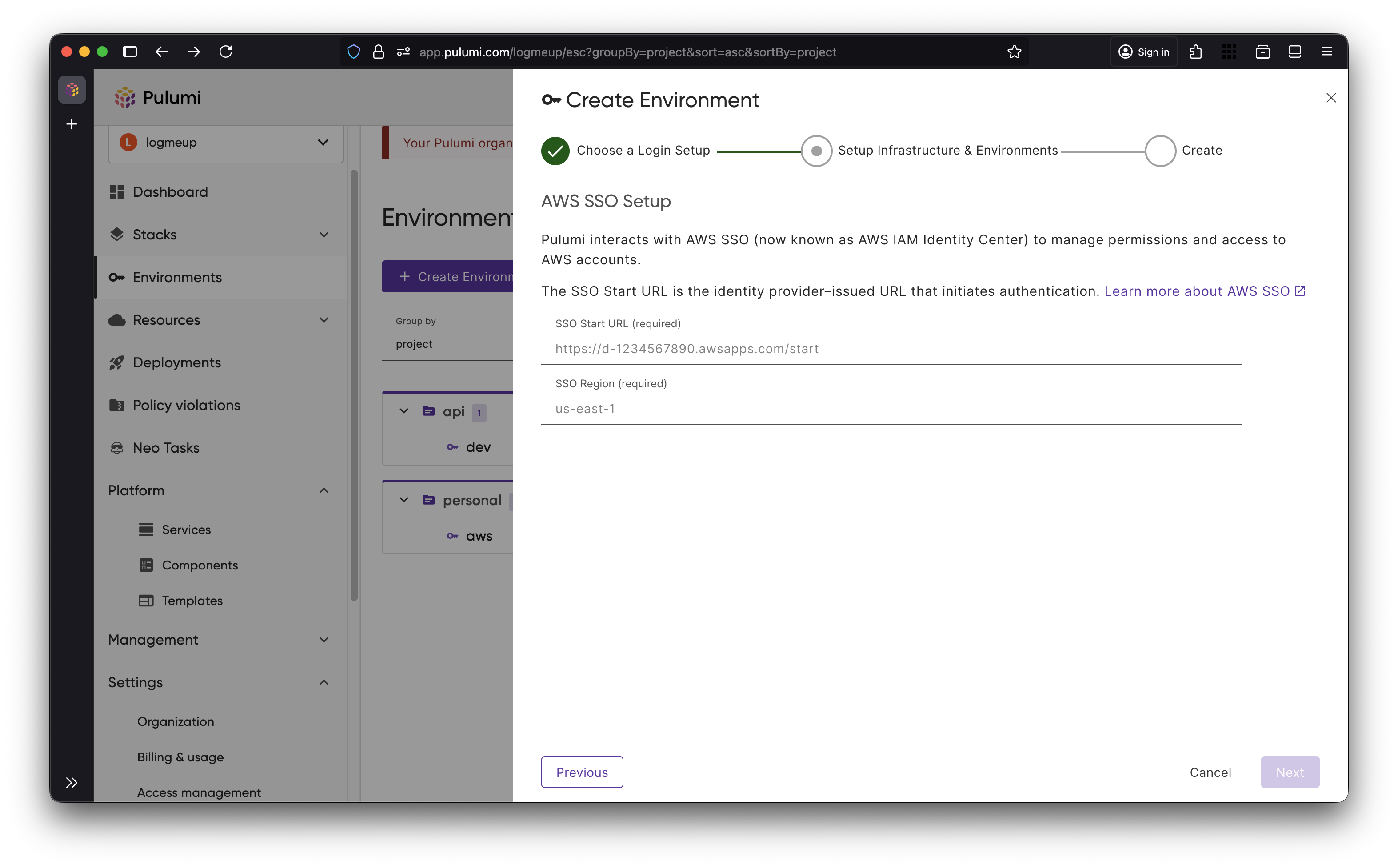 To setup AWS via SSO you need to provide the SSO start URL and SSO region