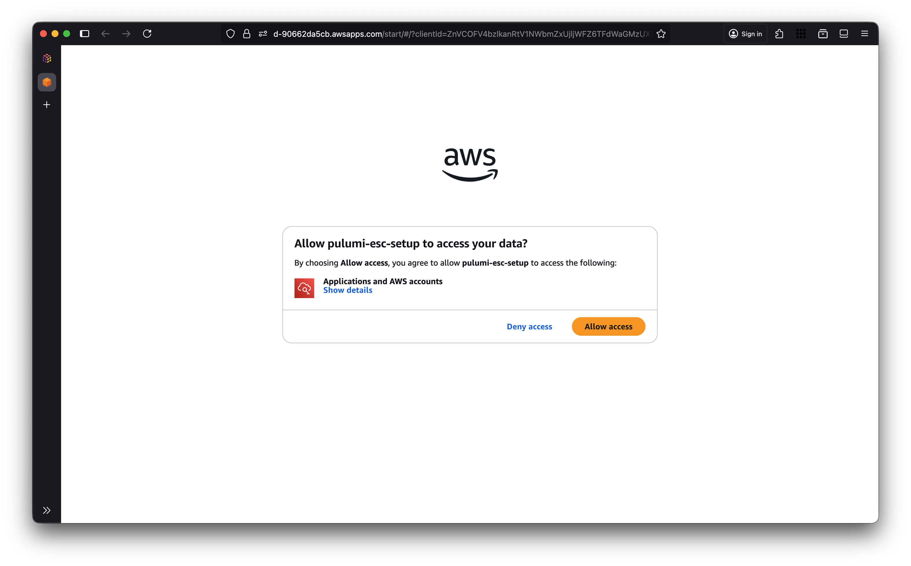 AWS will prompt you for permissions to pulumi to create the necessary resources