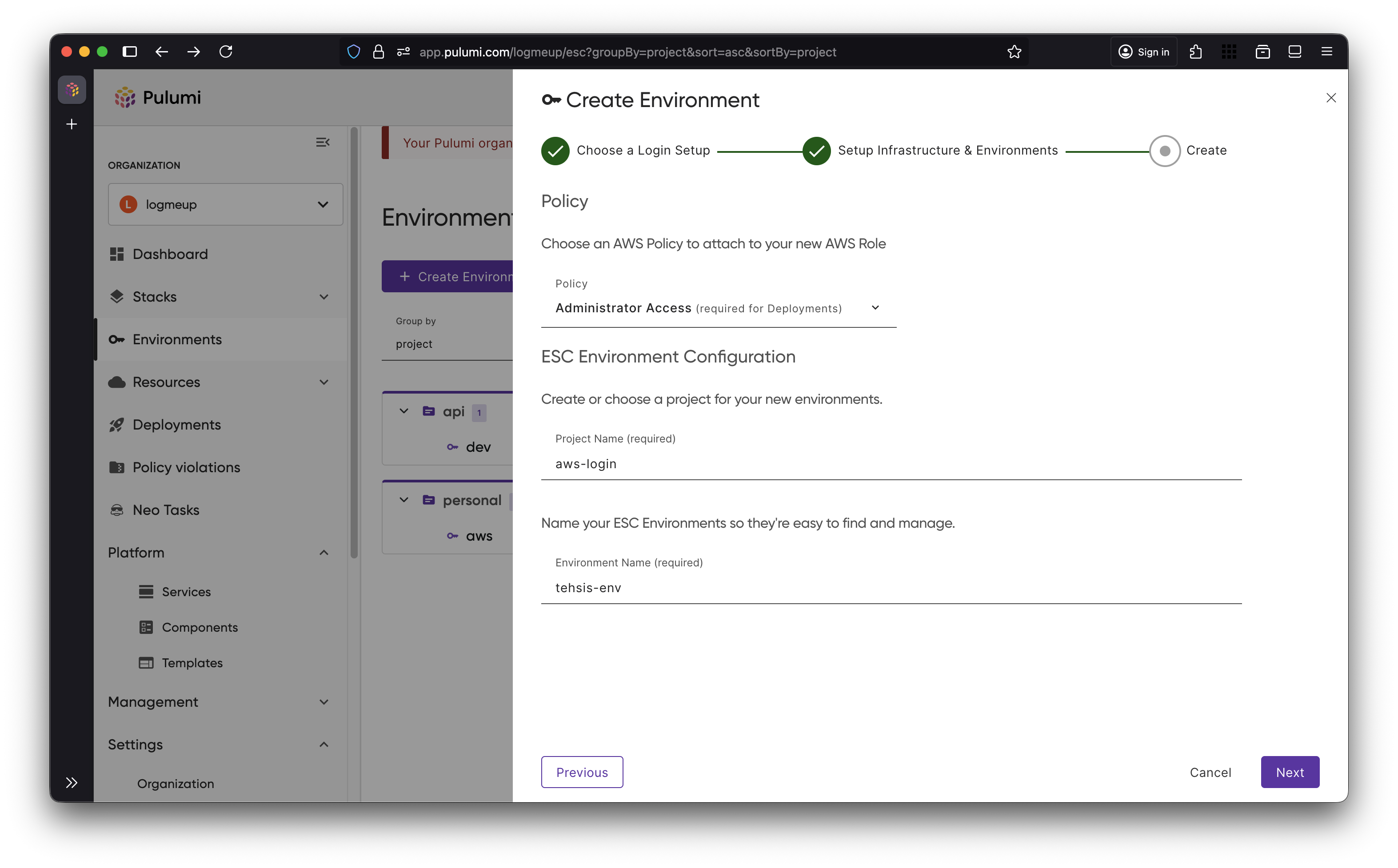 A new environment will be created under the project and name you specify
