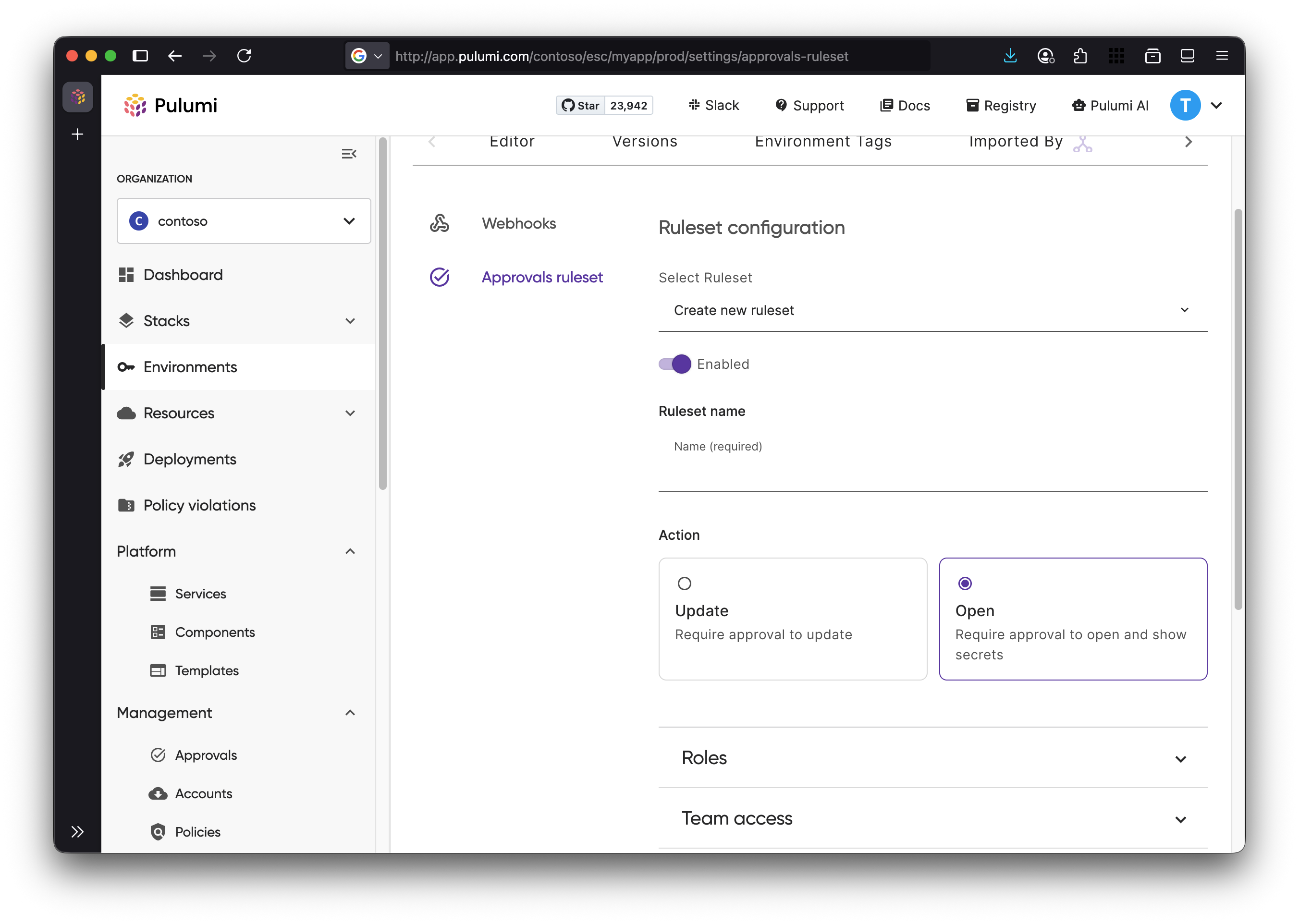 Settings page for Approvals in ESC