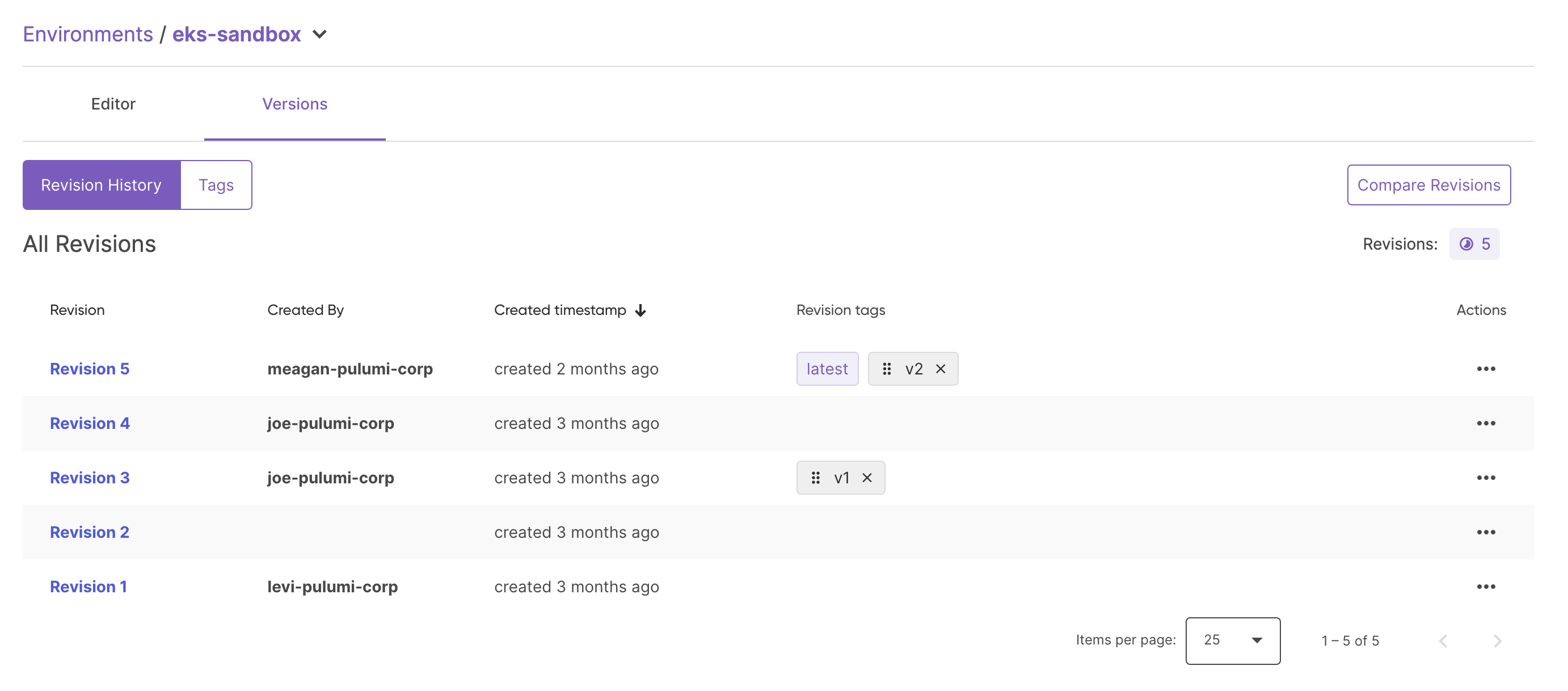 Environment Revisions in Pulumi Console