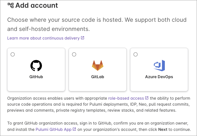 Add account screen showing GitHub, GitLab, and Azure DevOps as VCS options