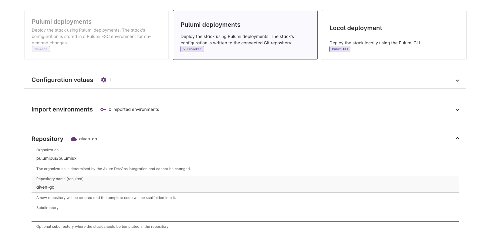 New project wizard showing repository settings