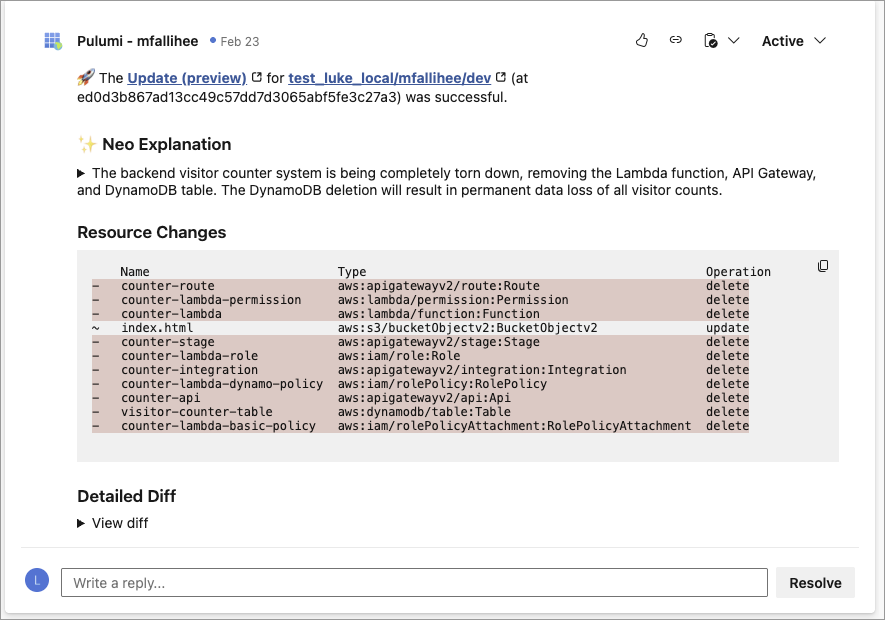 Neo posting an infrastructure change summary on a pull request