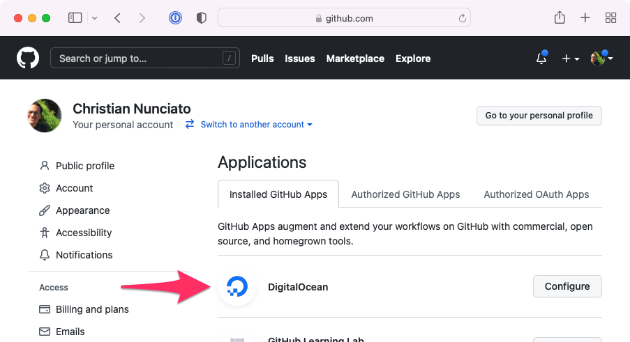 The Applications tab on GitHub, showing the DigitalOcean app installed