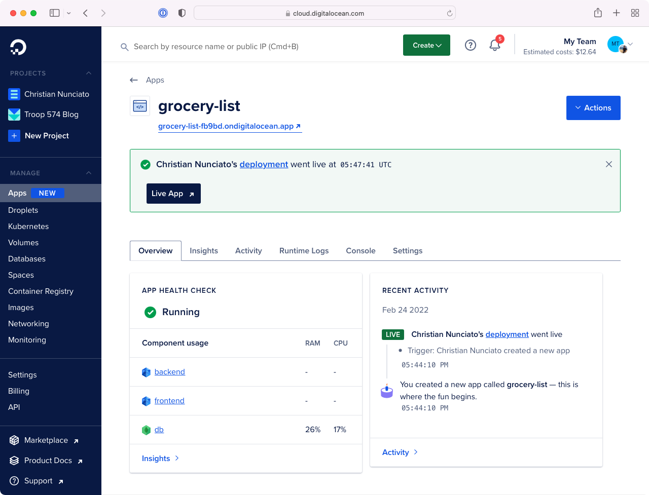 The grocery-list app and its components in the DigitalOcean console