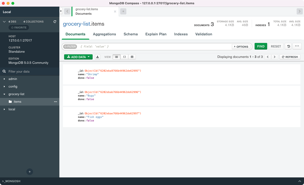 MongoDB Compass, showing the grocery-list database and the items collection