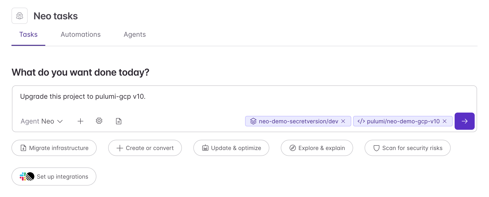 Neo task prompt asking to upgrade the project to pulumi-gcp v10, with the stack and repository attached