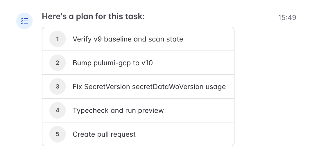 Neo’s plan: verify the v9 baseline and scan state, bump pulumi-gcp to v10, fix SecretVersion, typecheck and preview, create a pull request