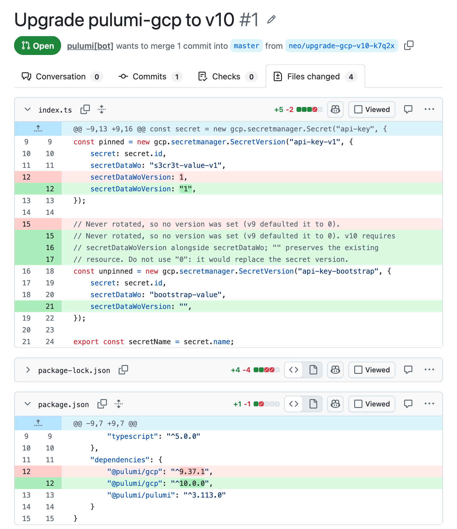 Pull request opened by Neo changing secretDataWoVersion to a string and bumping @pulumi/gcp to 10.0.0