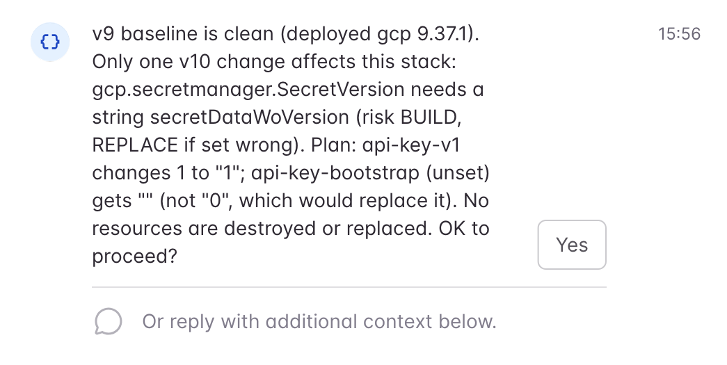 Neo reporting that only SecretVersion is affected, with the fix for each resource, and asking to proceed