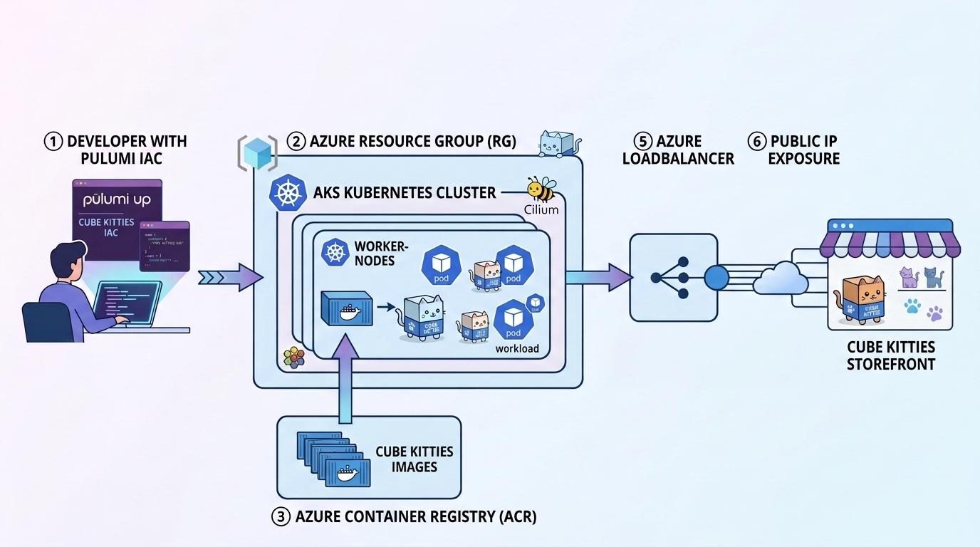 Overview of what we&rsquo;re building: a developer using Pulumi IaC to provision an AKS cluster that pulls images from Azure Container Registry, exposed through an Azure load balancer