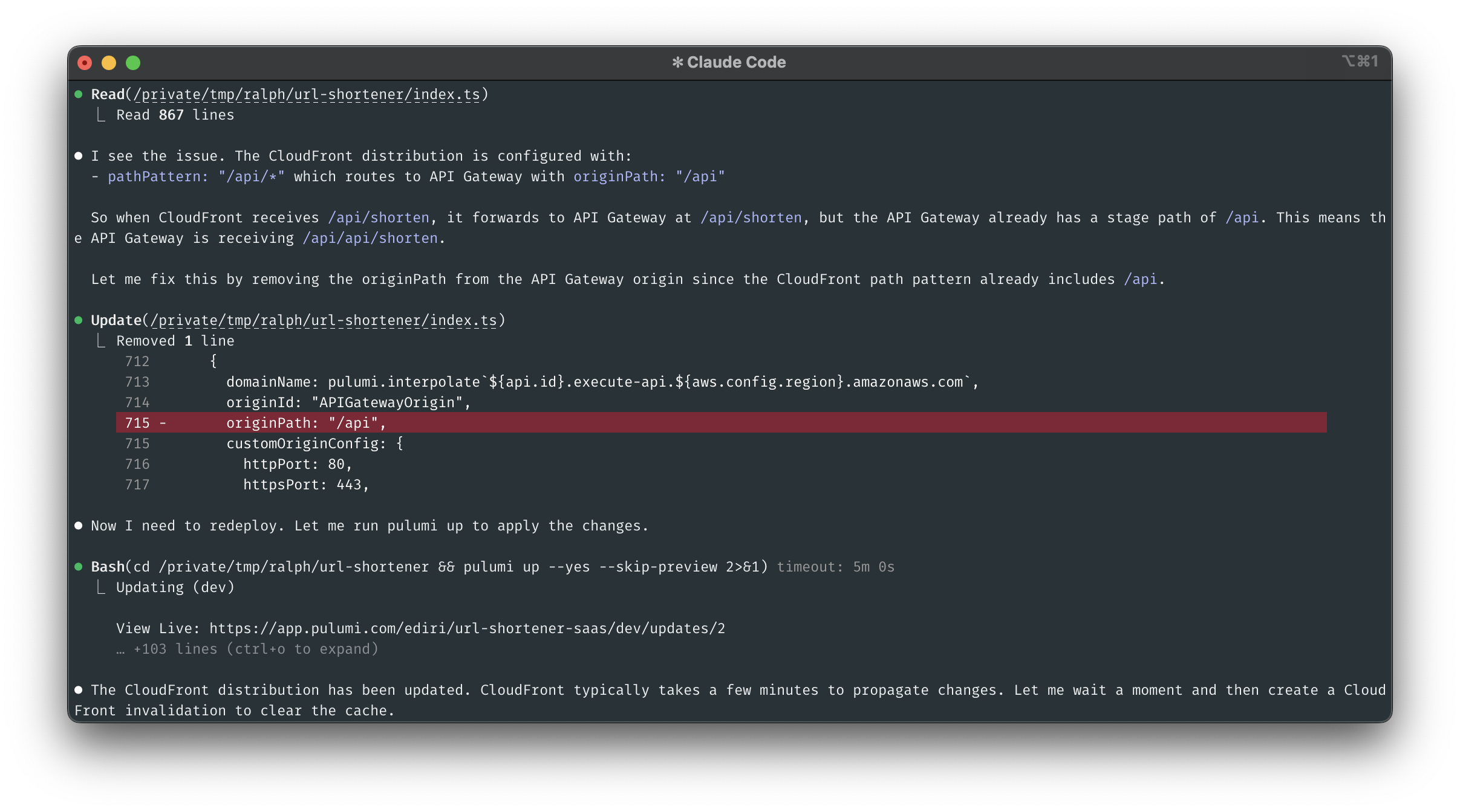Claude Code fixing the CloudFront originPath configuration and running pulumi up