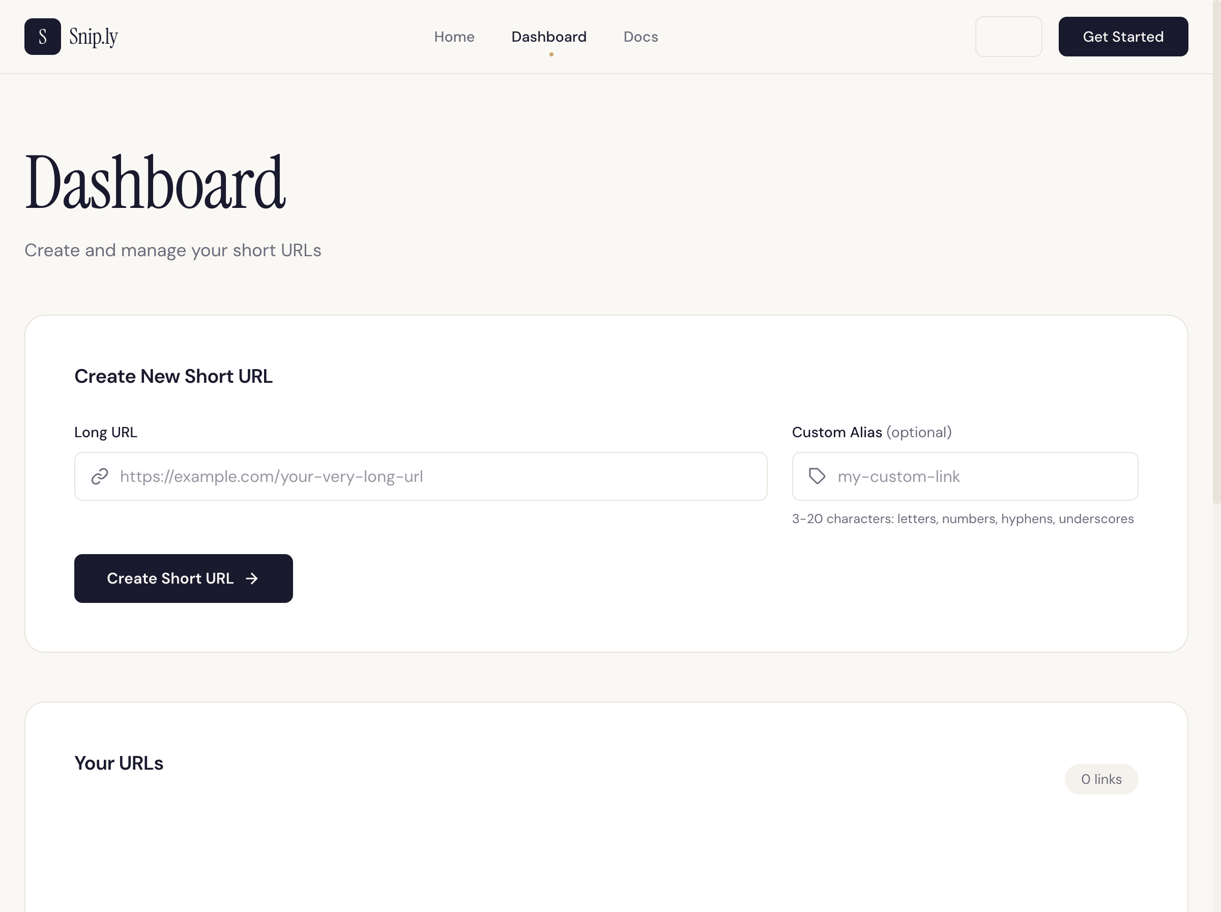 The dashboard showing the URL shortening form and list of created URLs