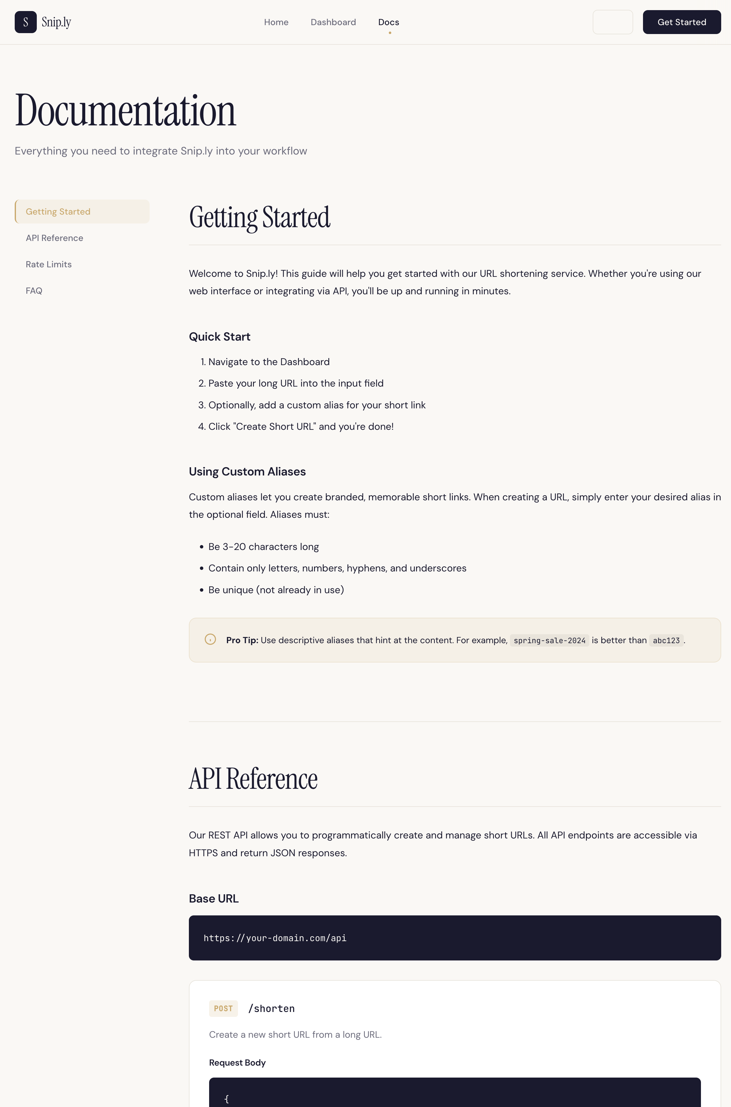 The documentation page with API reference and getting started guide