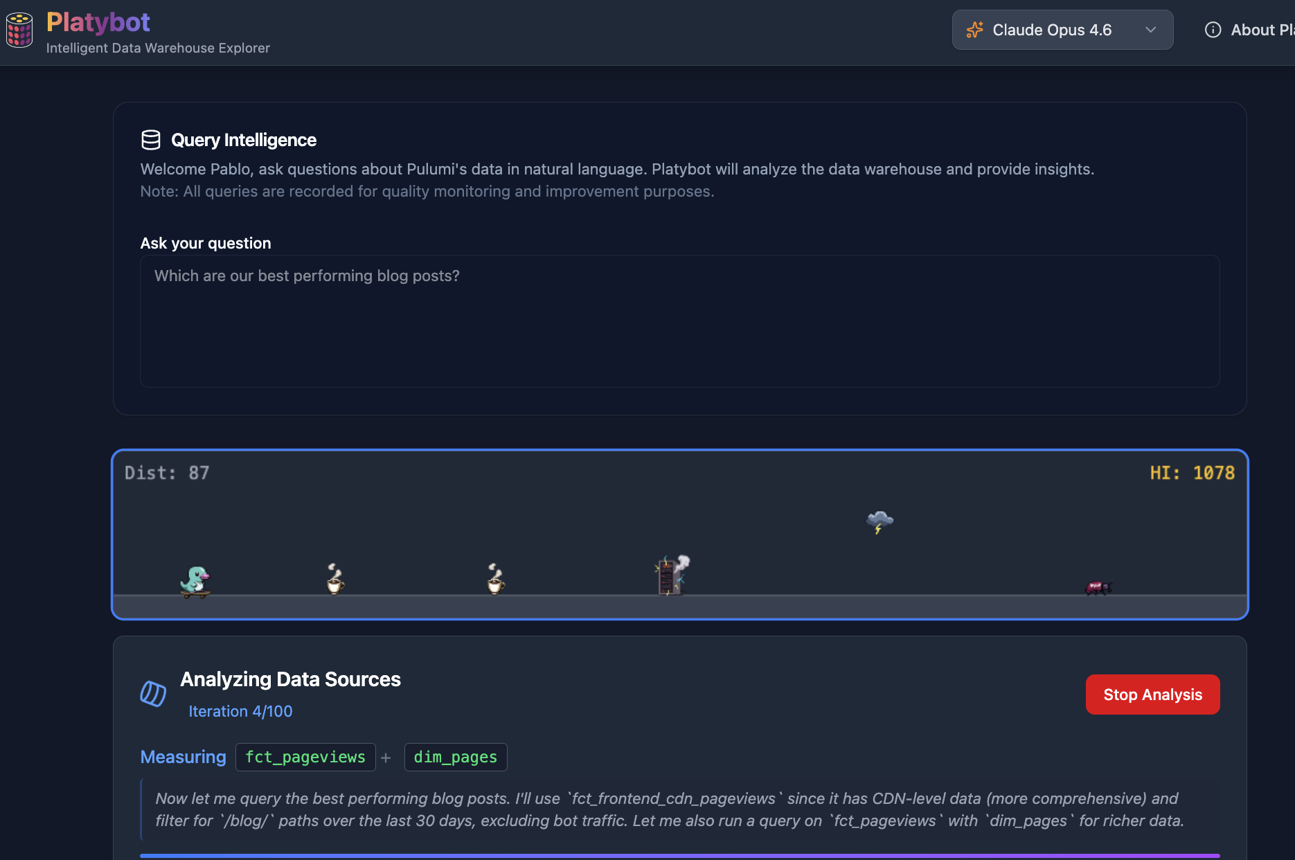 Screenshot of the Platybot web interface showing a chat conversation on the left side and a platypus character on a skateboard in a runner-style minigame on the right, displayed while processing a query