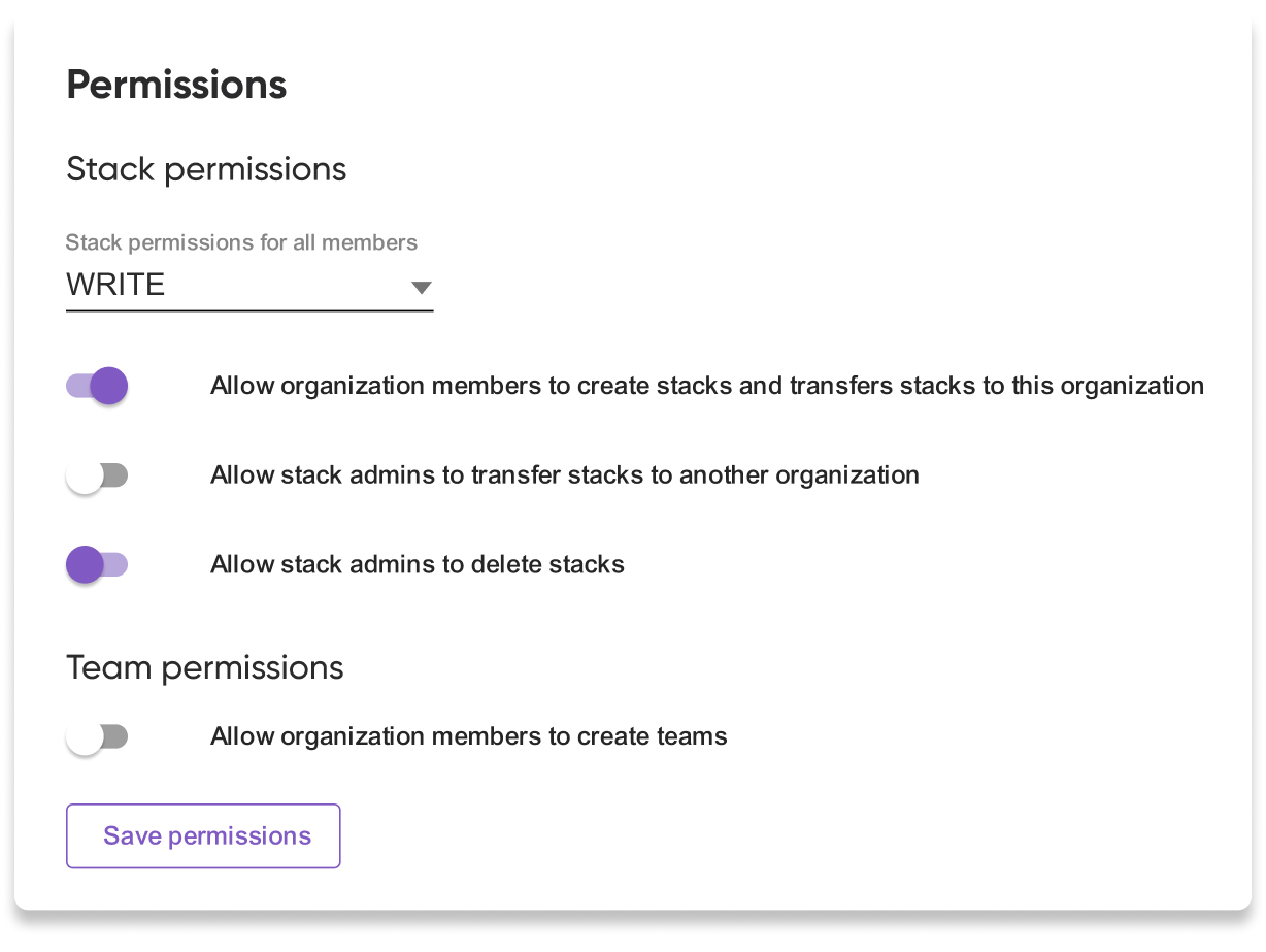 Screenshot showing the default stack permissions for all members