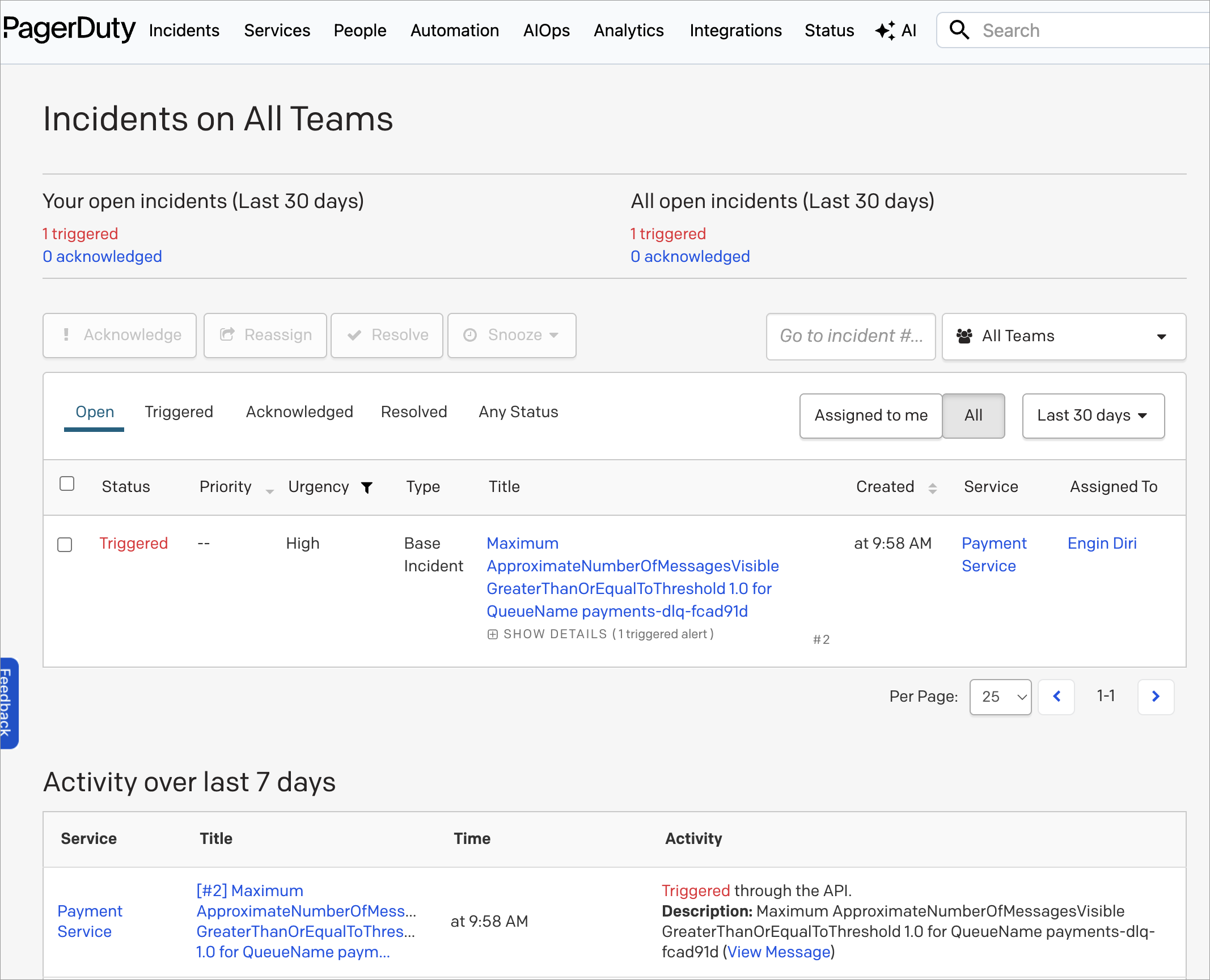 The PagerDuty incidents view showing the triggered incident: the dead-letter queue alarm on Payment Service, high urgency, assigned to the on-call engineer