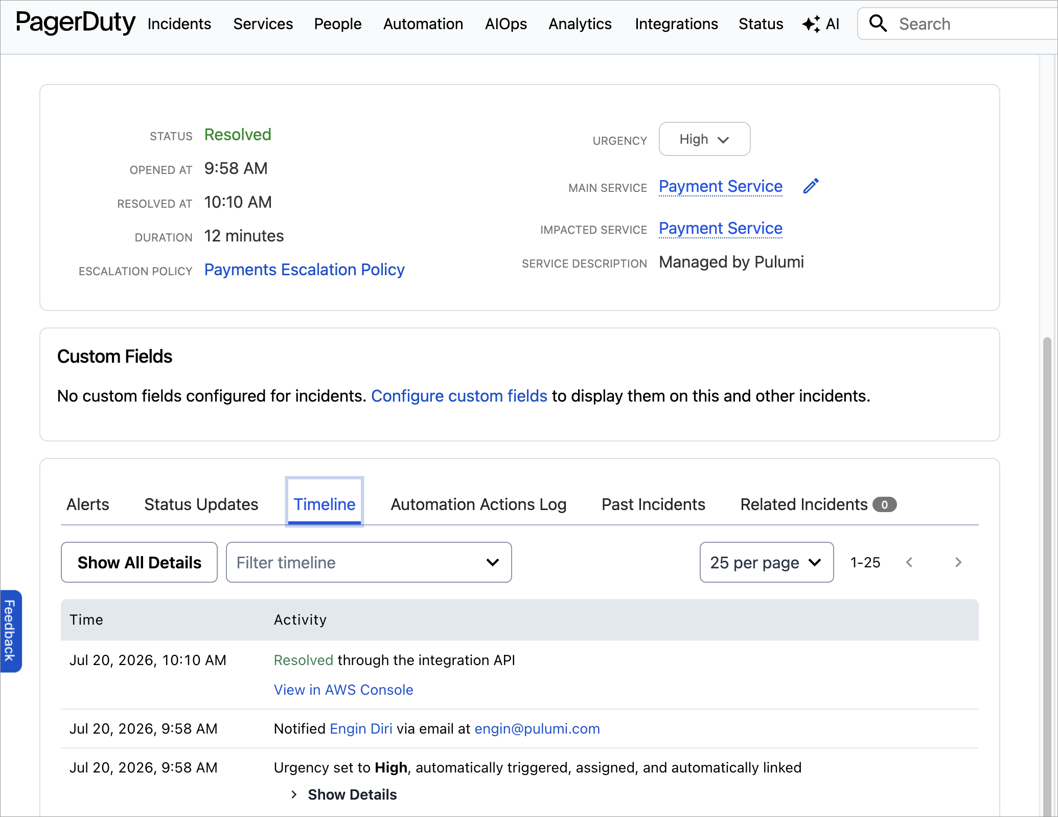 The resolved incident’s timeline in PagerDuty: automatically triggered and assigned at 9:58 AM, the on-call notified by email, and resolved through the integration API 12 minutes later