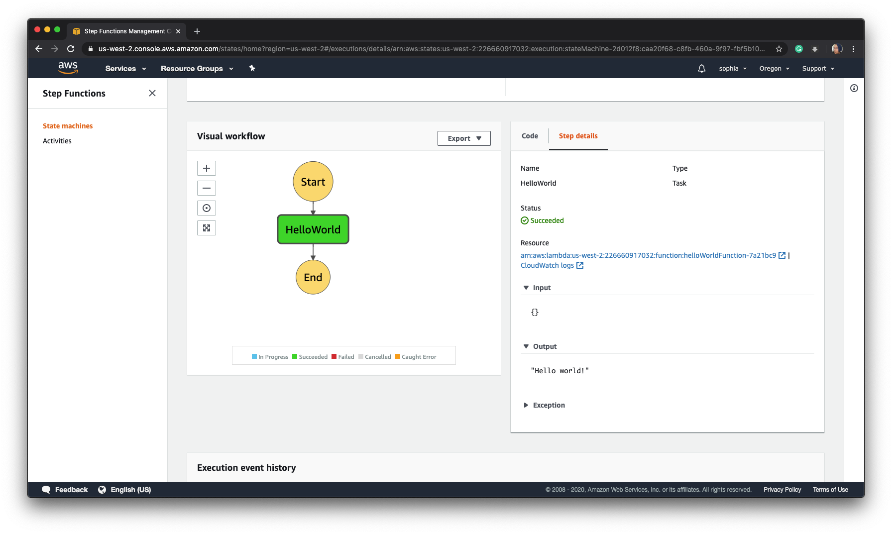 AWS Severless Console with 1 step function visual workflow