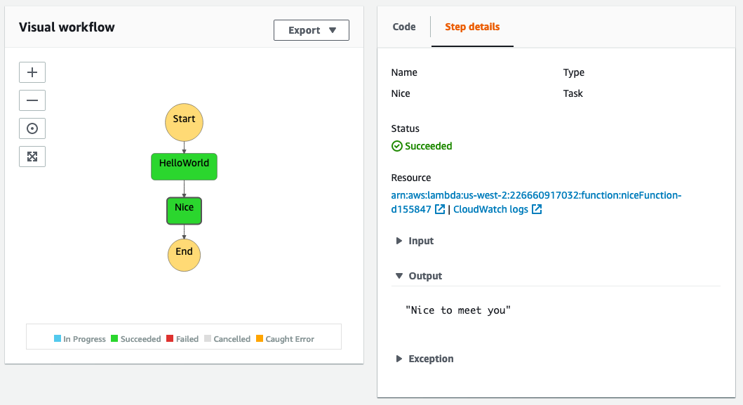 AWS Serverless Console with 2 step functions visual workflow