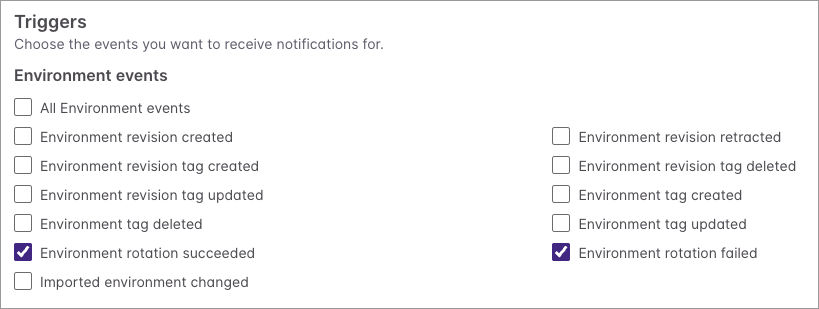 ESC webhook trigger settings with &ldquo;Environment rotation succeeded&rdquo; and &ldquo;Environment rotation failed&rdquo; selected
