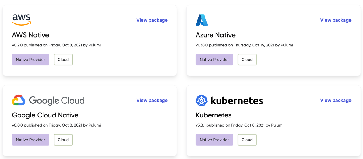 A screenshot showing the Native Providers in Pulumi Registry