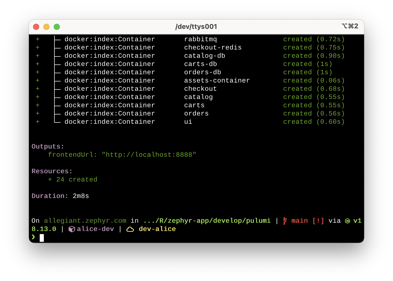 A terminal window showing output from a completed Pulumi up operation