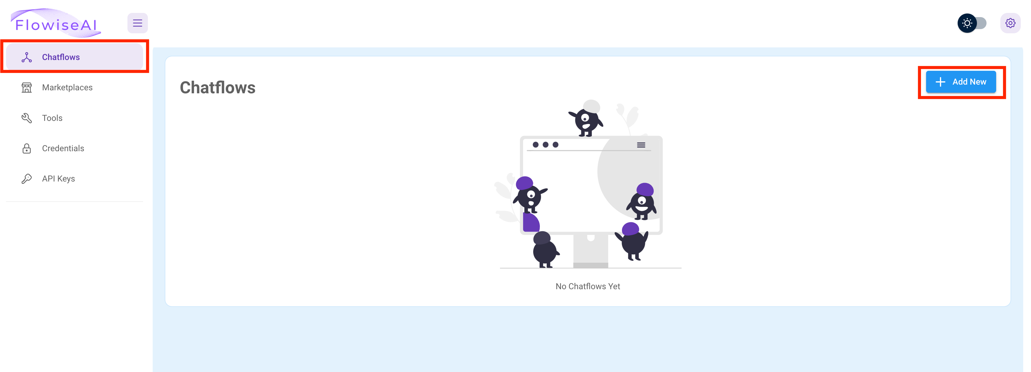 FlowiseAI dashboard depicting the Chatflows page where new chatflows can be added
