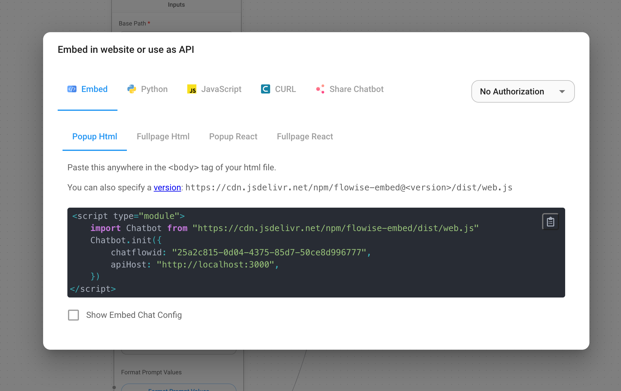 Flowise chatbot embed options showing JavaScript code snippet for integrating a chatbot into a website.