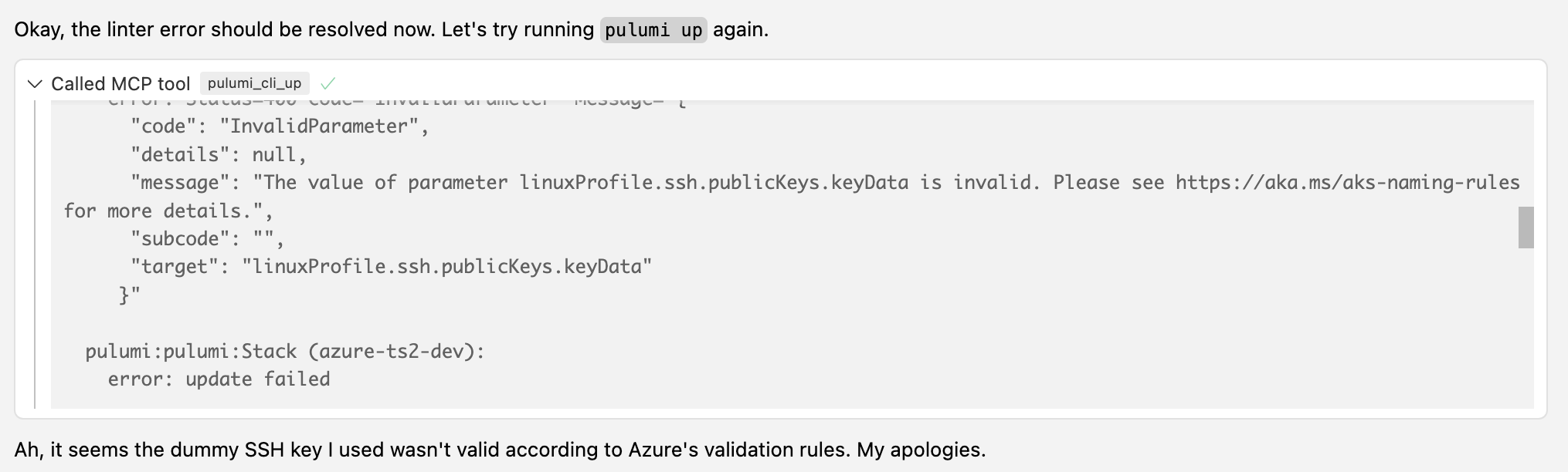 Pulumi UP tool failed due to incorrect SSH key