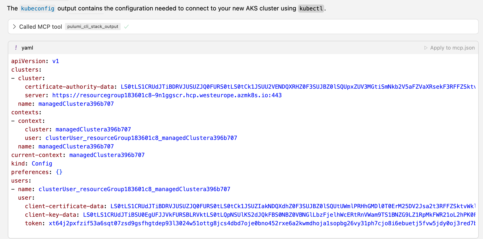 Stack Output showing Kubeconfig